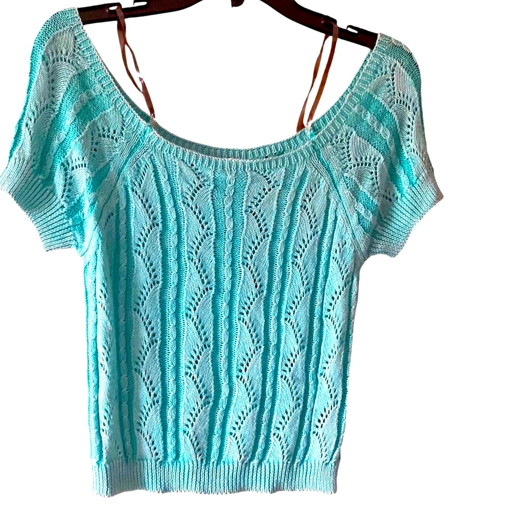 POL Knit Top Open Weave Short Sleeve Light Blue Blouse Small‎ NWOT